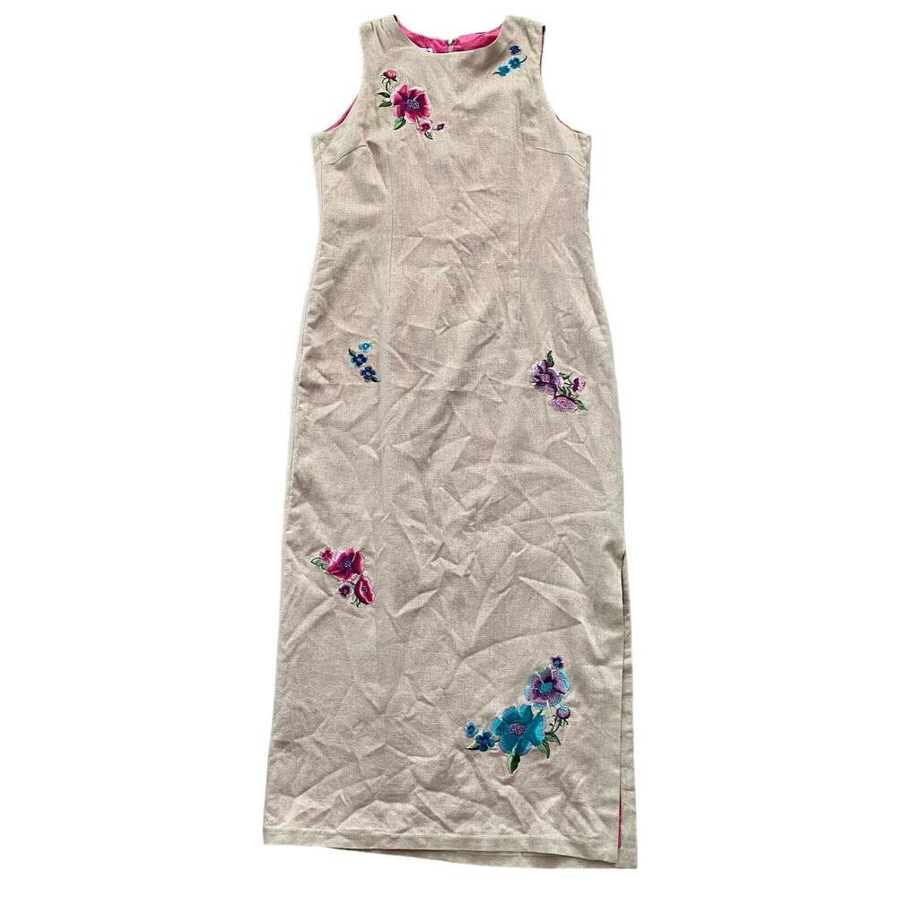 Focus 2000 Vintage Linen Embroidered Colorful Floral Maxi Dress 16